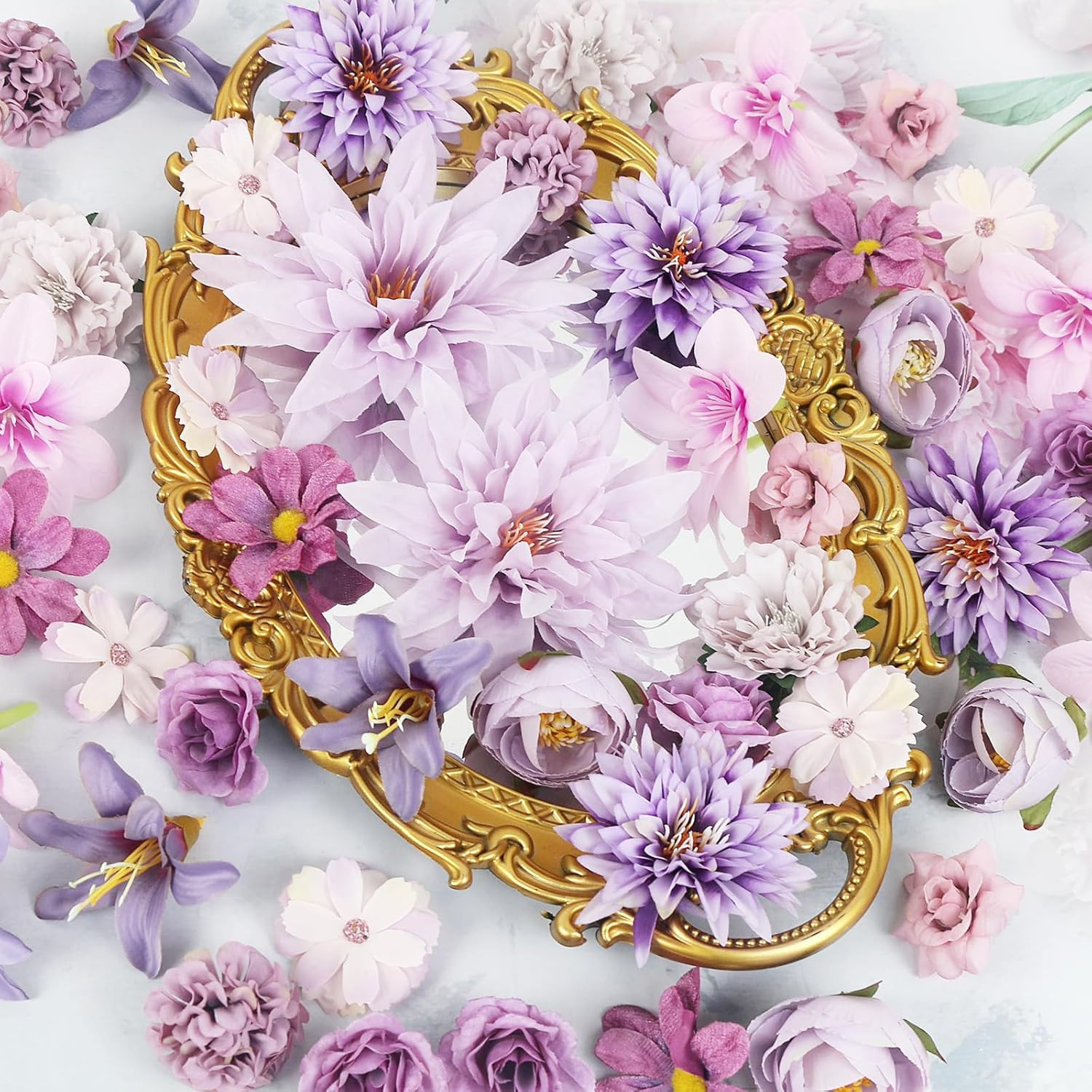 48 PCS Artificial Flowers Heads, Fake Daisy Heads Bulk Silk Faux Rose Purple