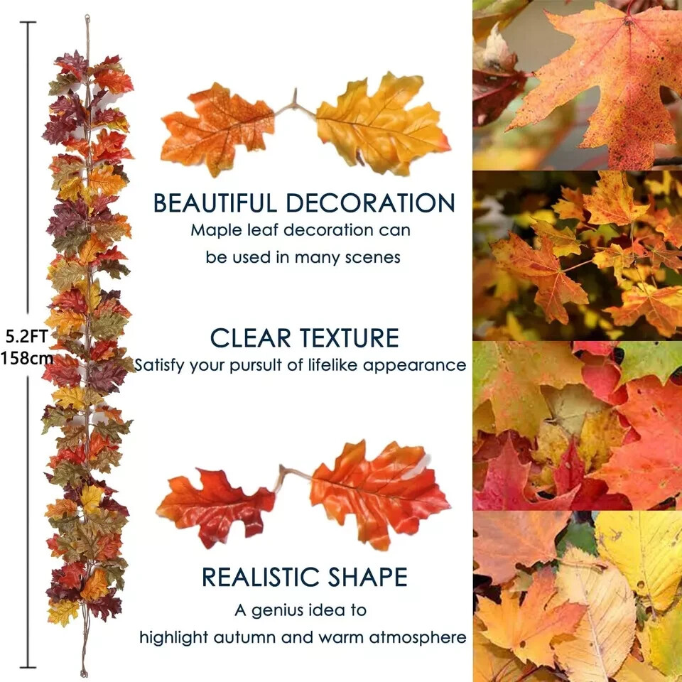 4 Pack Fall Oak Leaves Garland Artificial 5.2Ft Fake Autumn Leaf Foliage Garland