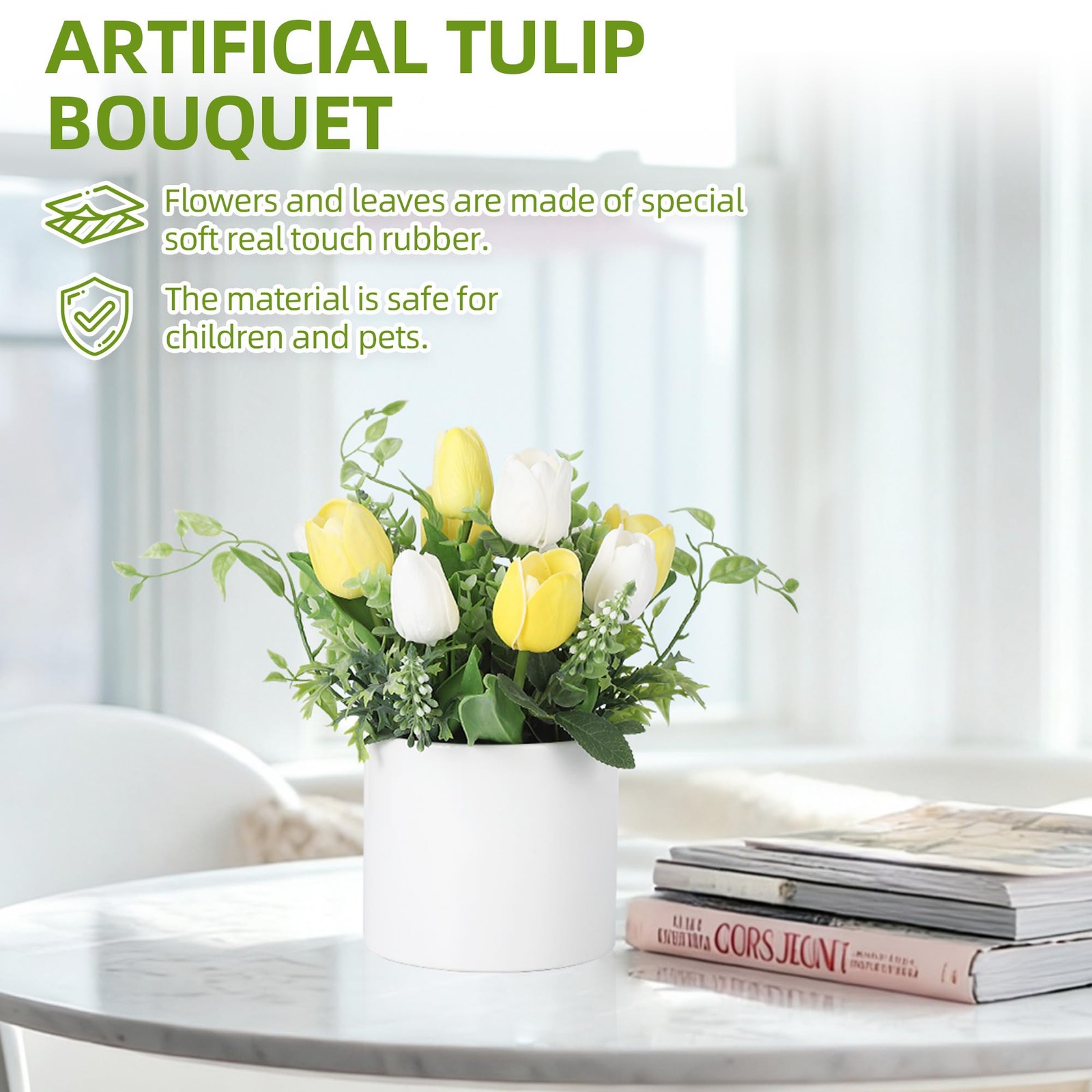 10 Pcs Artificial Tulips in Ceramic Vase, Faux Tulip Flower Arrangement, Pott…
