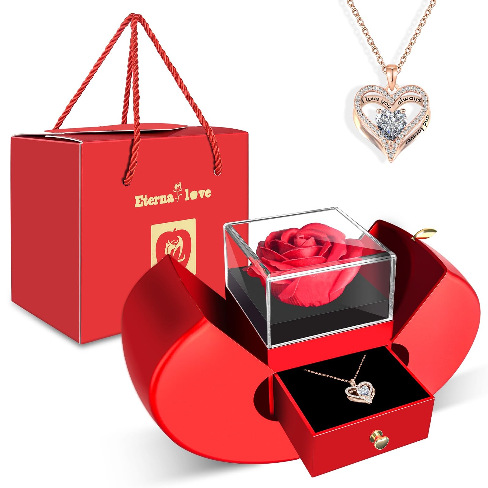 Preserved Flower Red Rose with Heart Necklace, Gifts for Mom, Girlfriend, Women,
