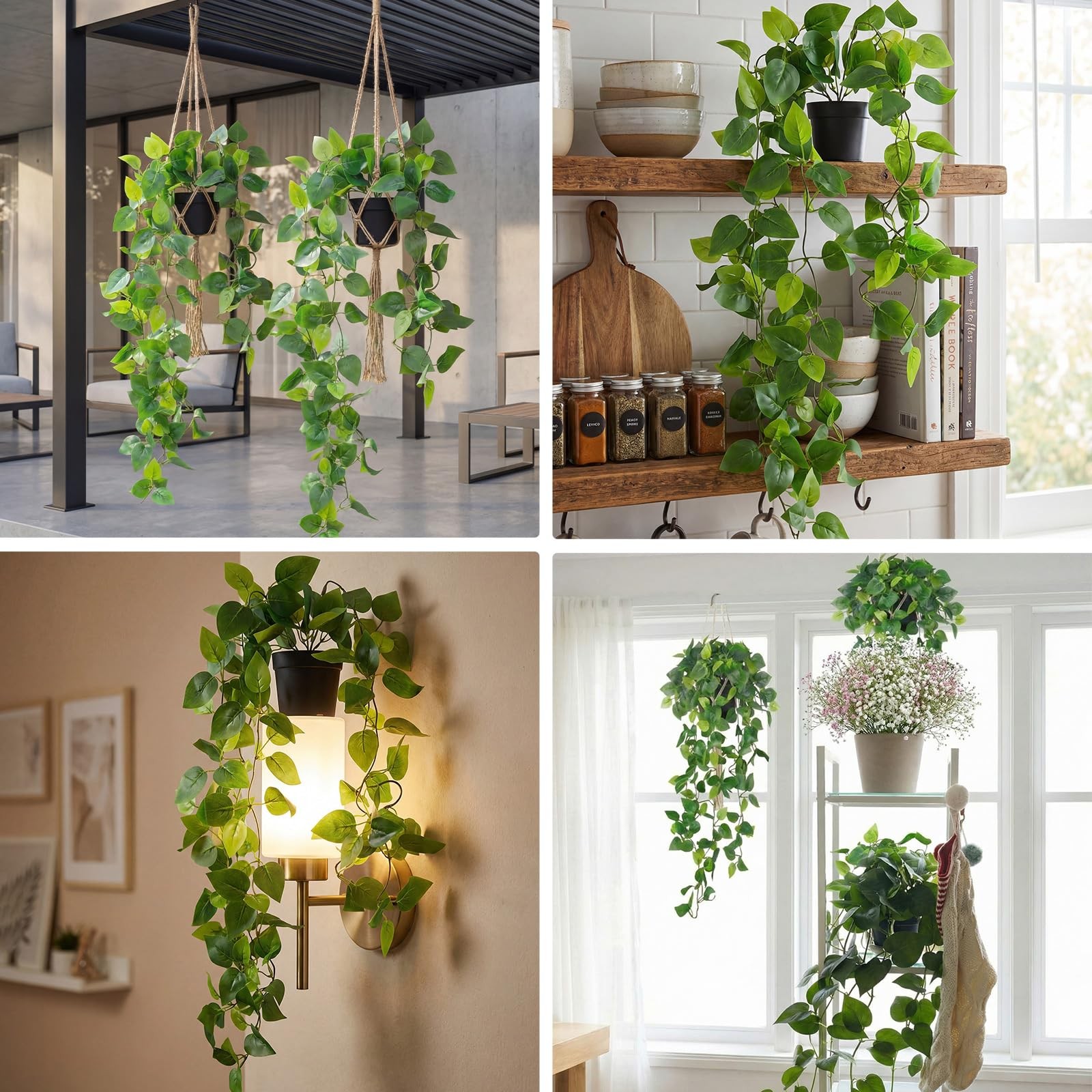 4 PCS 35 Inch Fake Pothos Hanging Plants Faux Ivy Vines Pots Artificial Decor