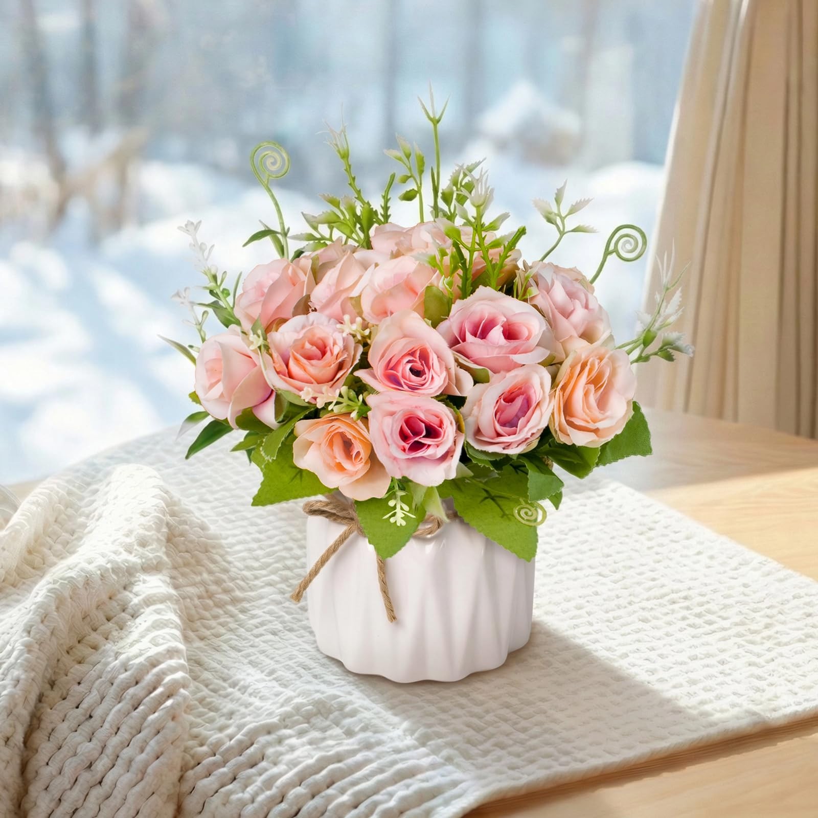 Fake Flowers with Vase,Pink Roses Artificial Flowers in Vase
