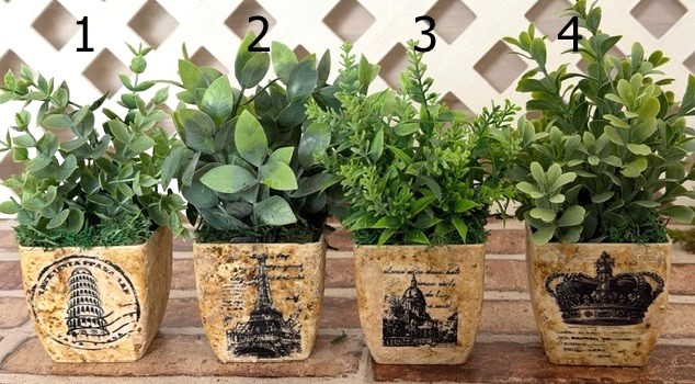 MINI POTTED PLANT 4″ ARTIFICIAL GREENERY W/ FAUX STONE POT (CHOOSE #1, #2 OR #4)