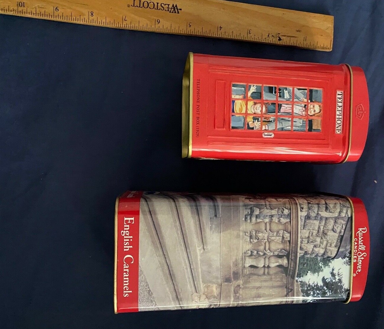English Breakfast Tea & Russel Stover Red Phone Booth Banks (2) Tin Cans-No Food