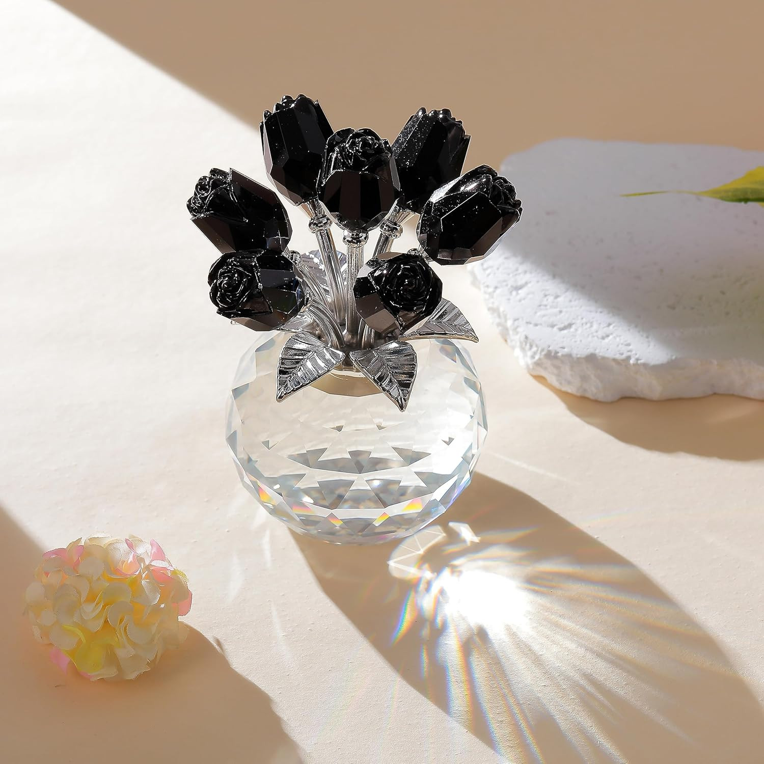Black Rose Flower Crystal Figurine with Vase, Bouquet Flowers Gifts for Wife Gir