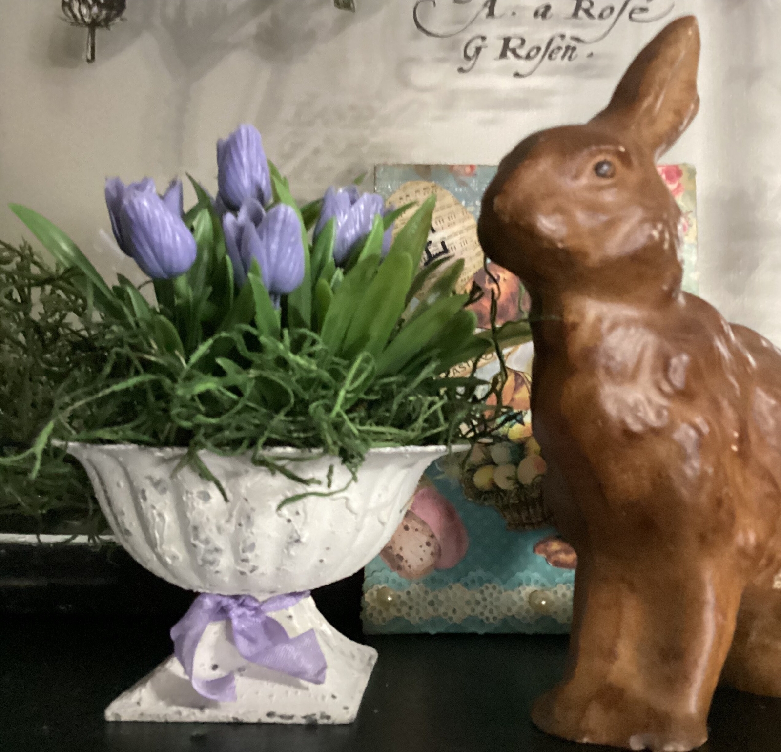 Rustic Farmhouse Shabby White Urn Spring Planter with Spring Purple Tulips