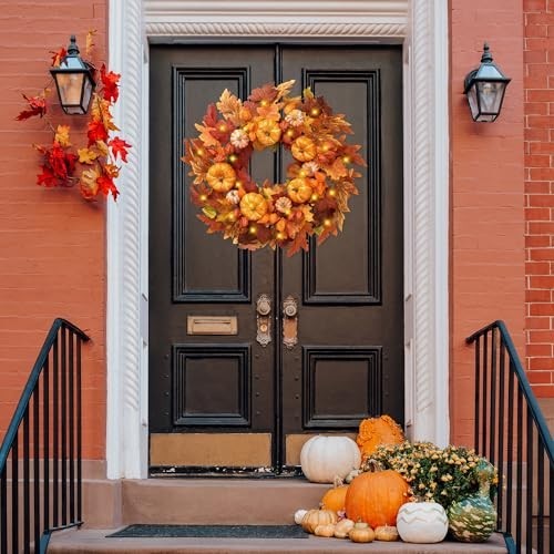Autumn Wreath 21″ – Artificial Fall Decor with Pumpkins, Maple Leaves & Lanterns