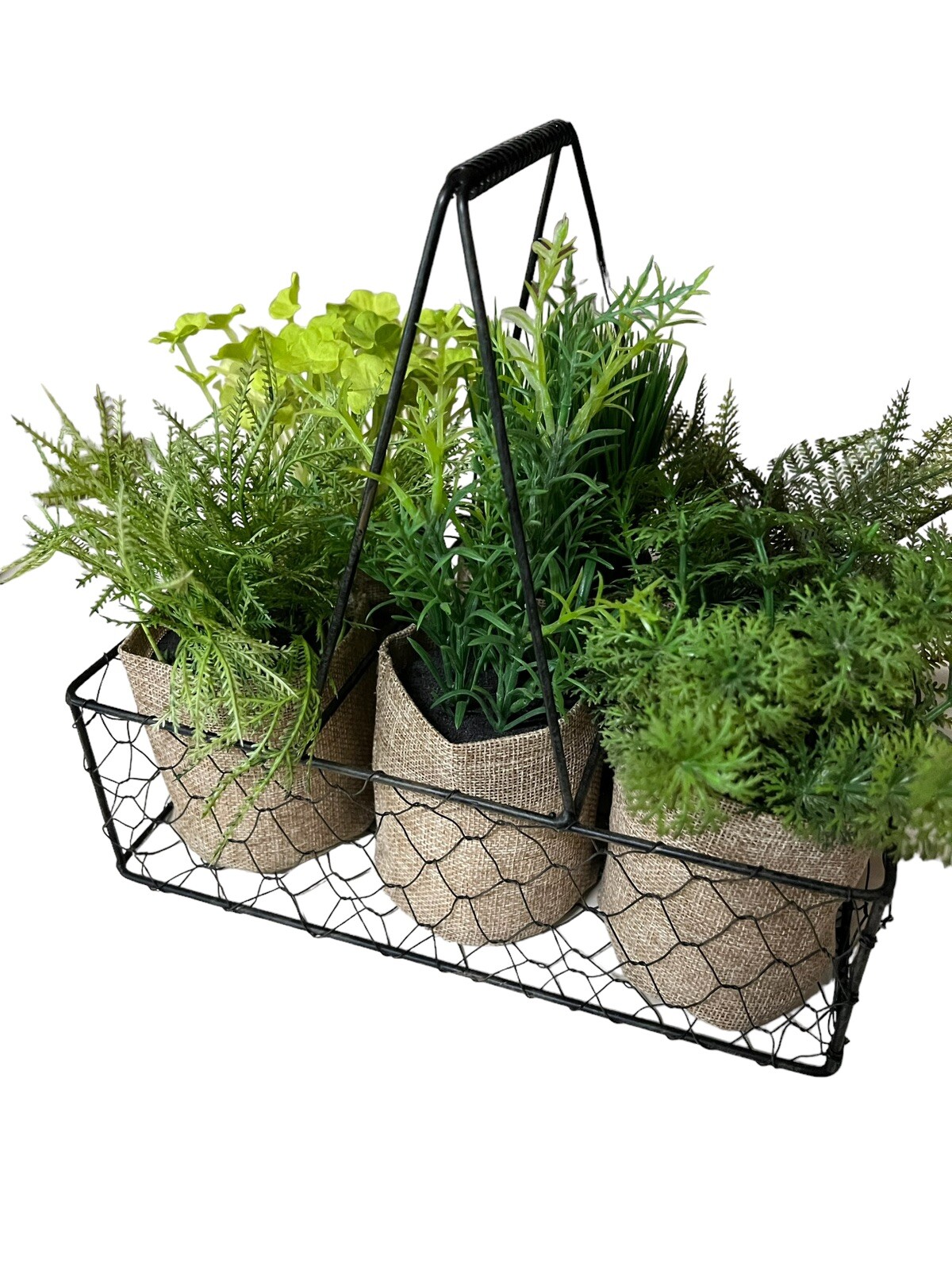 6 Artificial Plants In Burlap Containers Within A Metal Chicken Wire Carrier