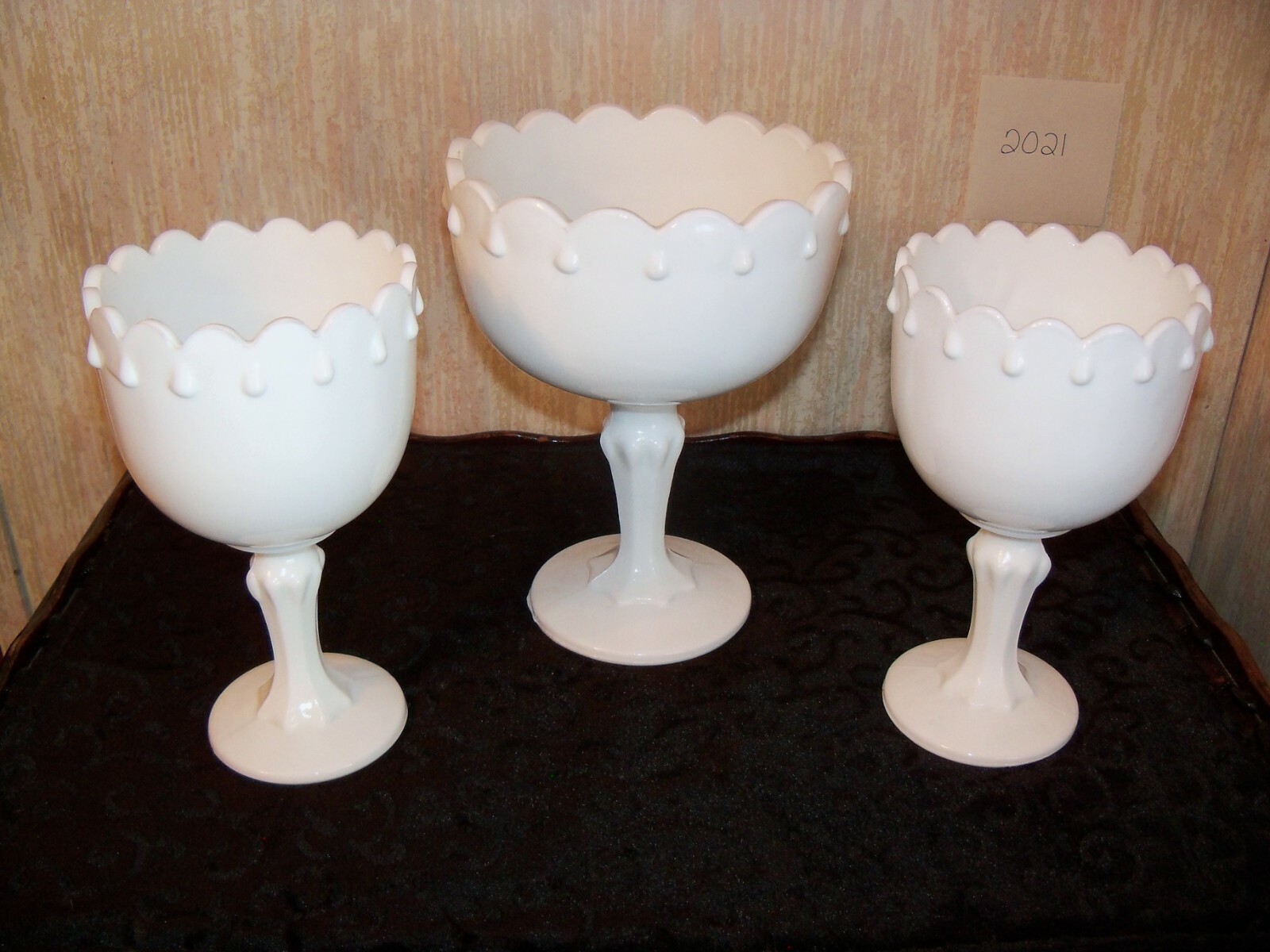 3 MATCHING WHITE GLASS – VTG COMPOTES – 2 SIZES