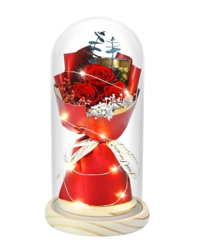 Preserved Rose Bouquet Glass Dome LED Real Flowers Gift for Her Mothers Day