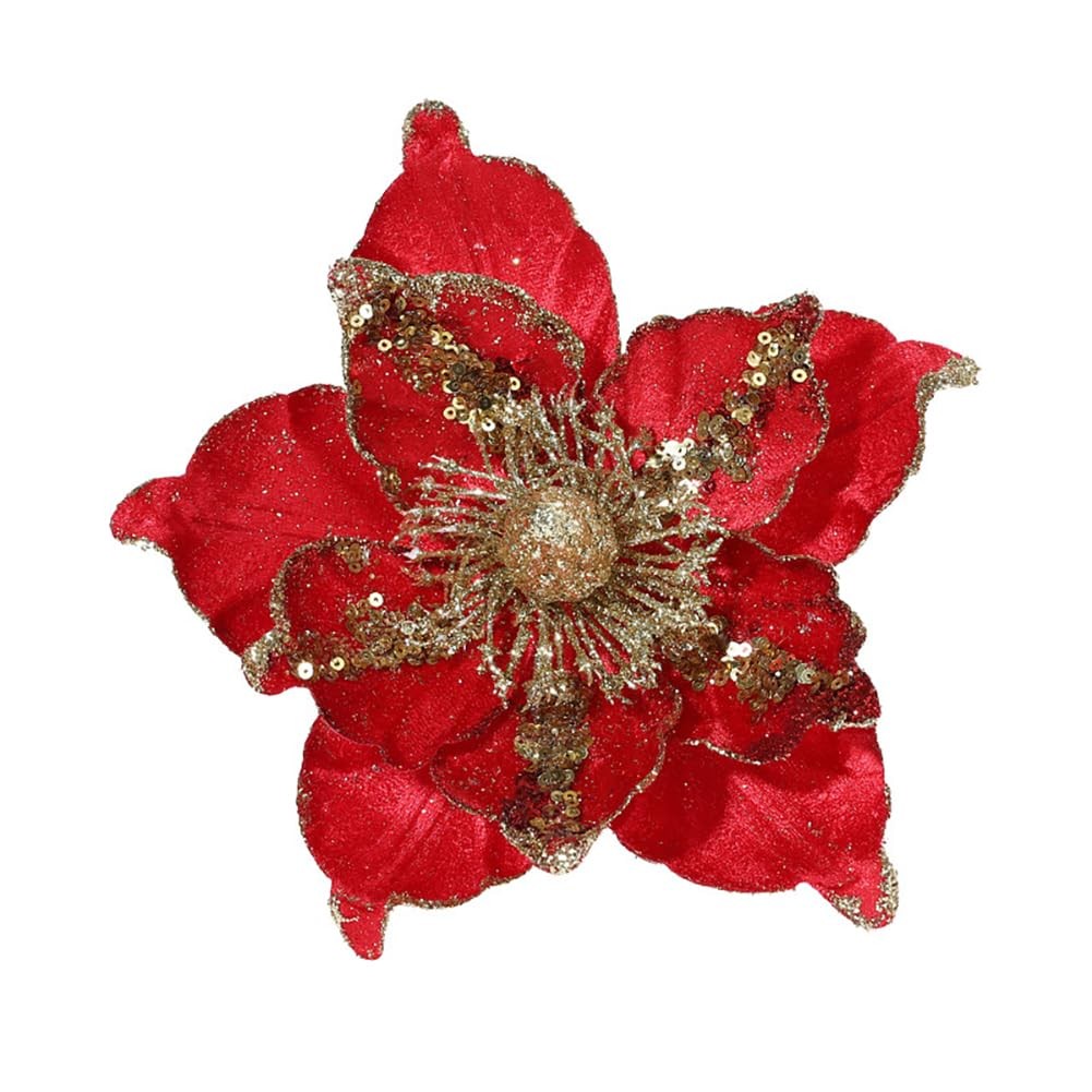 6 Pcs Poinsettia Artificial Flowers Tree Ornaments Velvet Glitter Red
