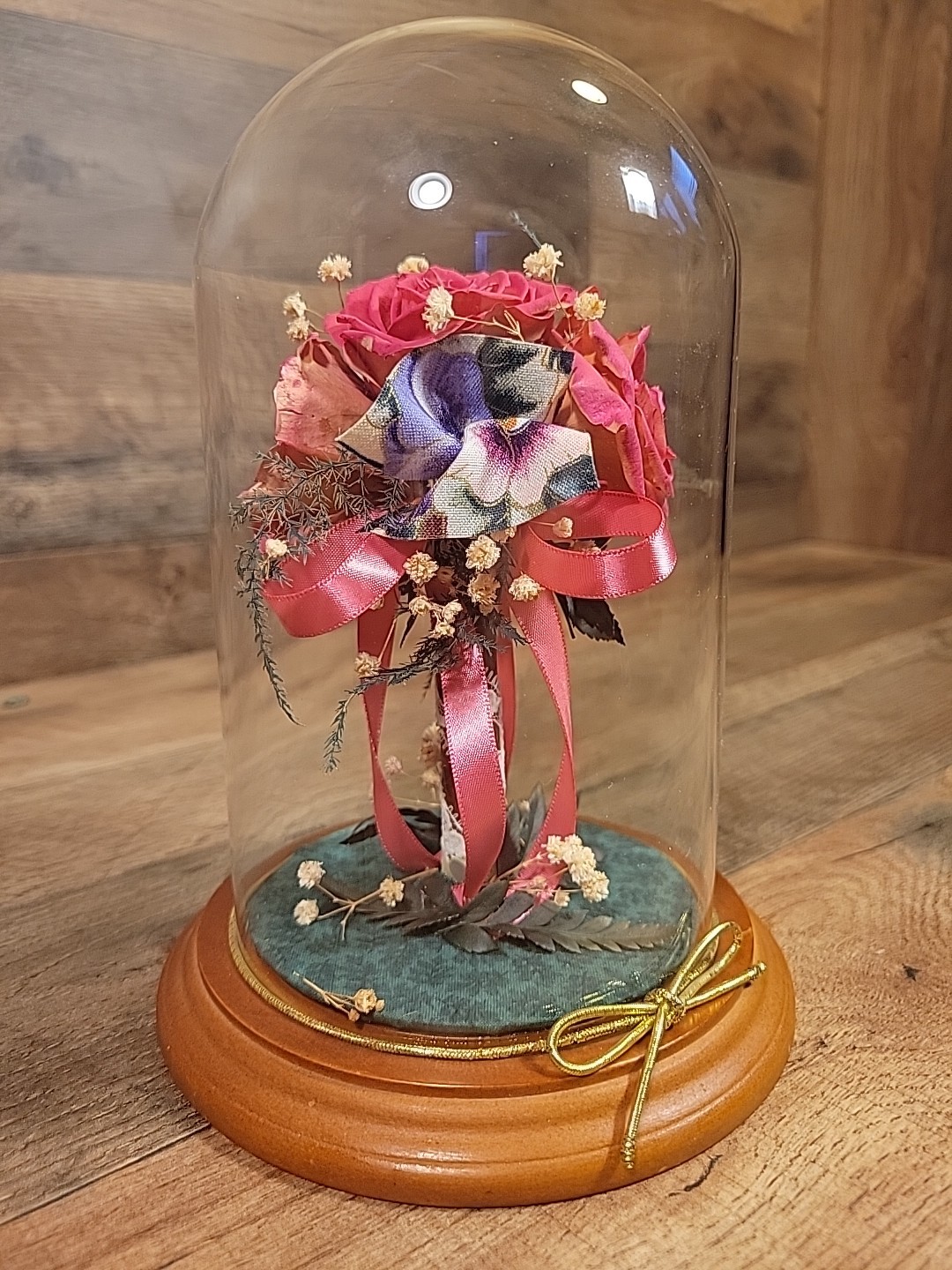NATURAL EXPRESSIONS Freeze Dried Rose Topiary Under Glass Dome On Wooden Base.
