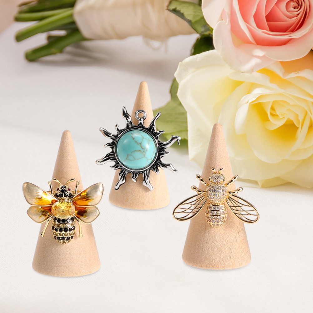10Pcs DIY Craft Cones Wooden Beige Unpainted Ornament Ring Holder Stand