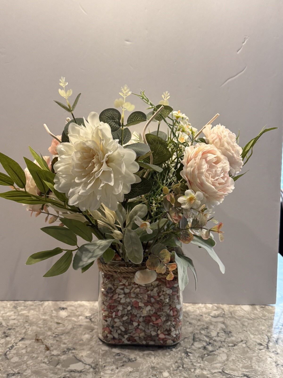 Spring Silk Floral Arrangement Clear Glass Vase Shell Chips Beach Decor