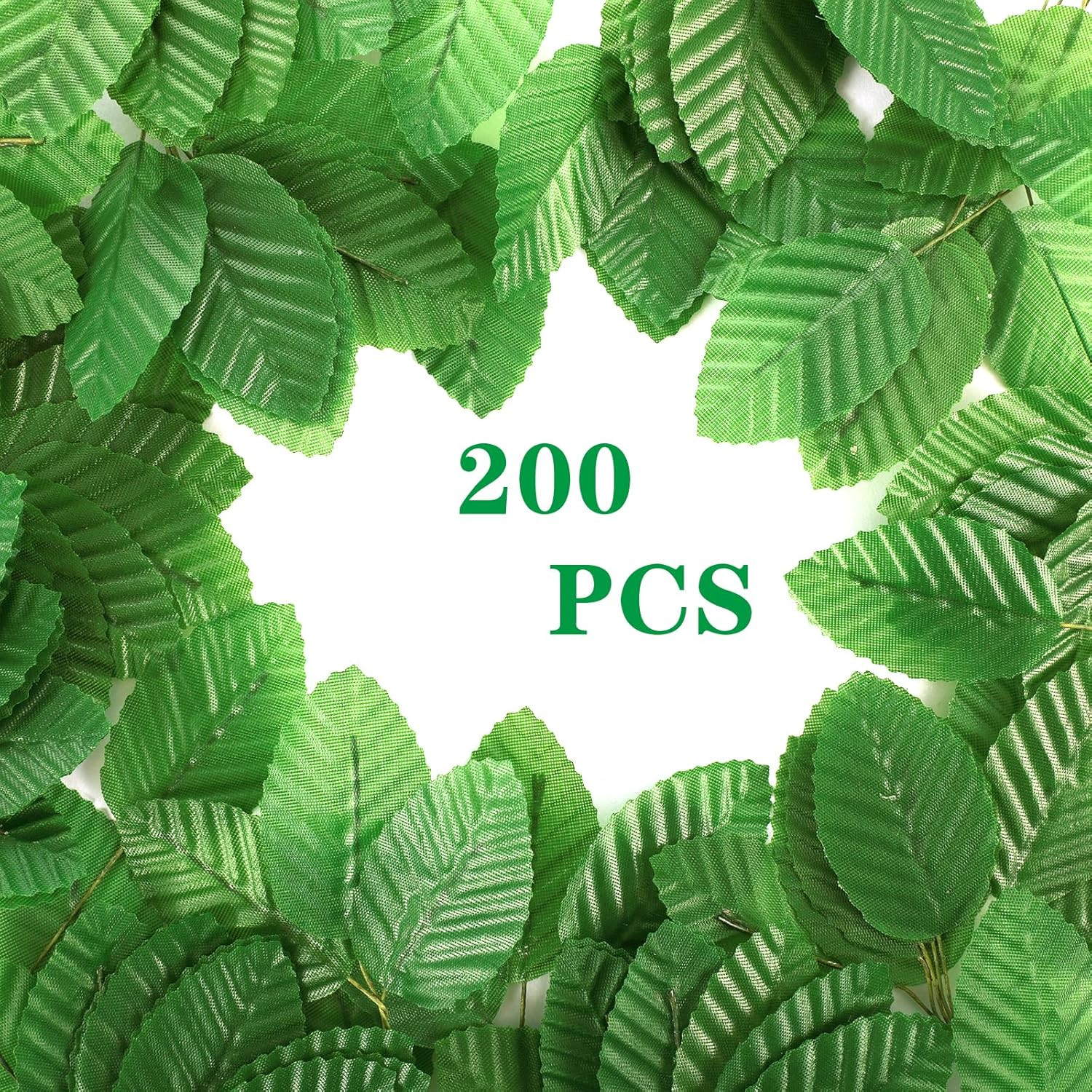 200 Pcs Green Silk Artificial Leaves – Fake, Faux Wired Single Leaf – Wire Craft