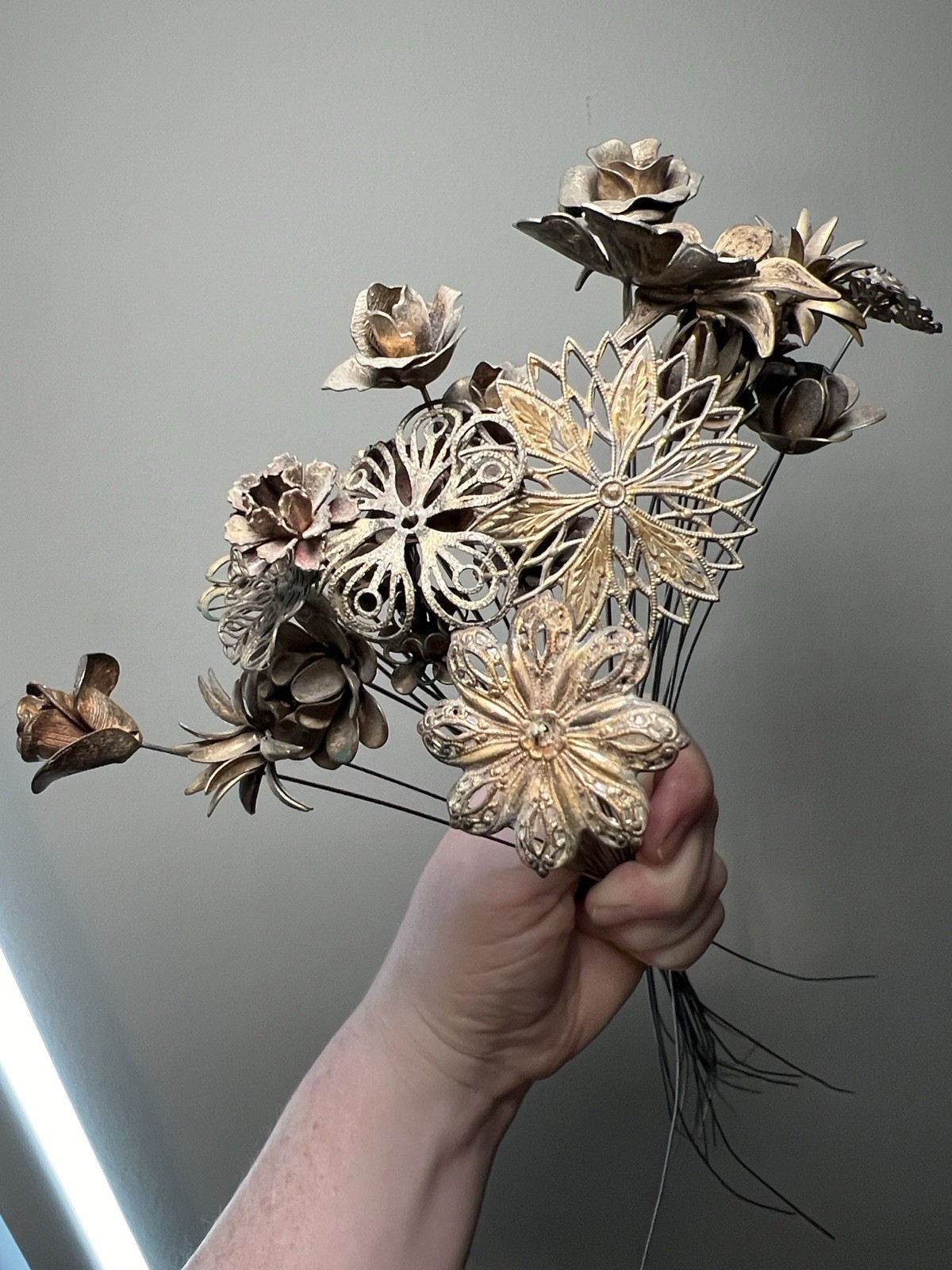 VTG Antique Metal Filigree Openwork Flowers Bouquet Stems Millinery Bridal Craft