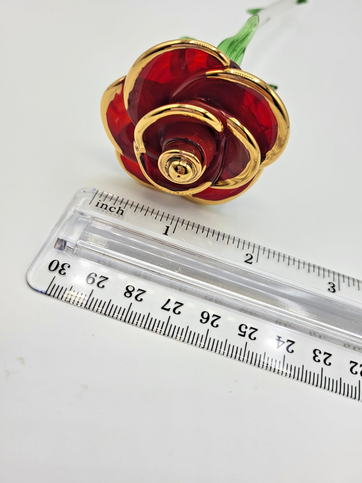 Art Glass Long 11.5″ Single Red Rose w Gold Trim Petals Clear Stem Green Thorns