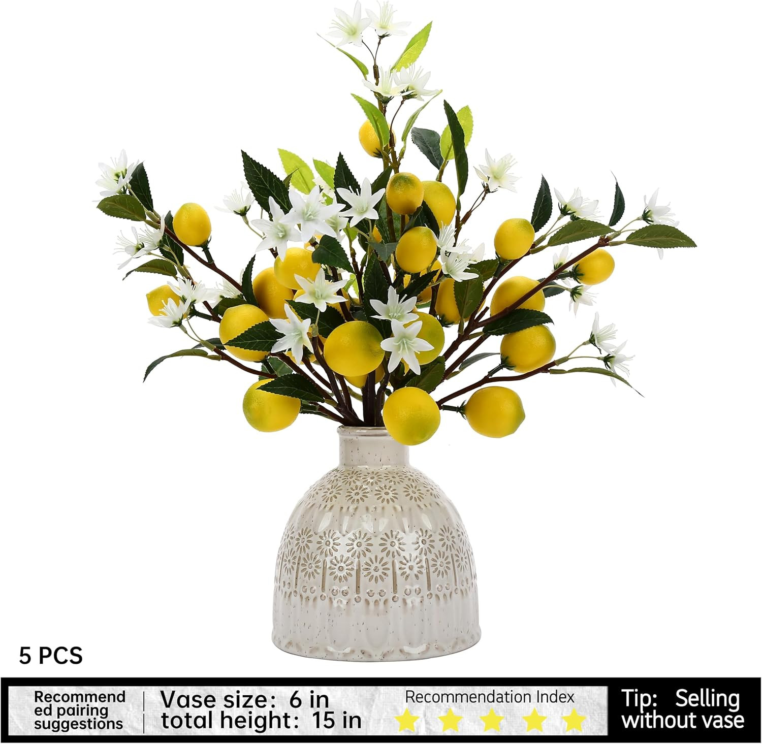 Lifelike 5Pcs Artificial Lemon Flowers, 24 Inch – Perfect for Home & Office Deco