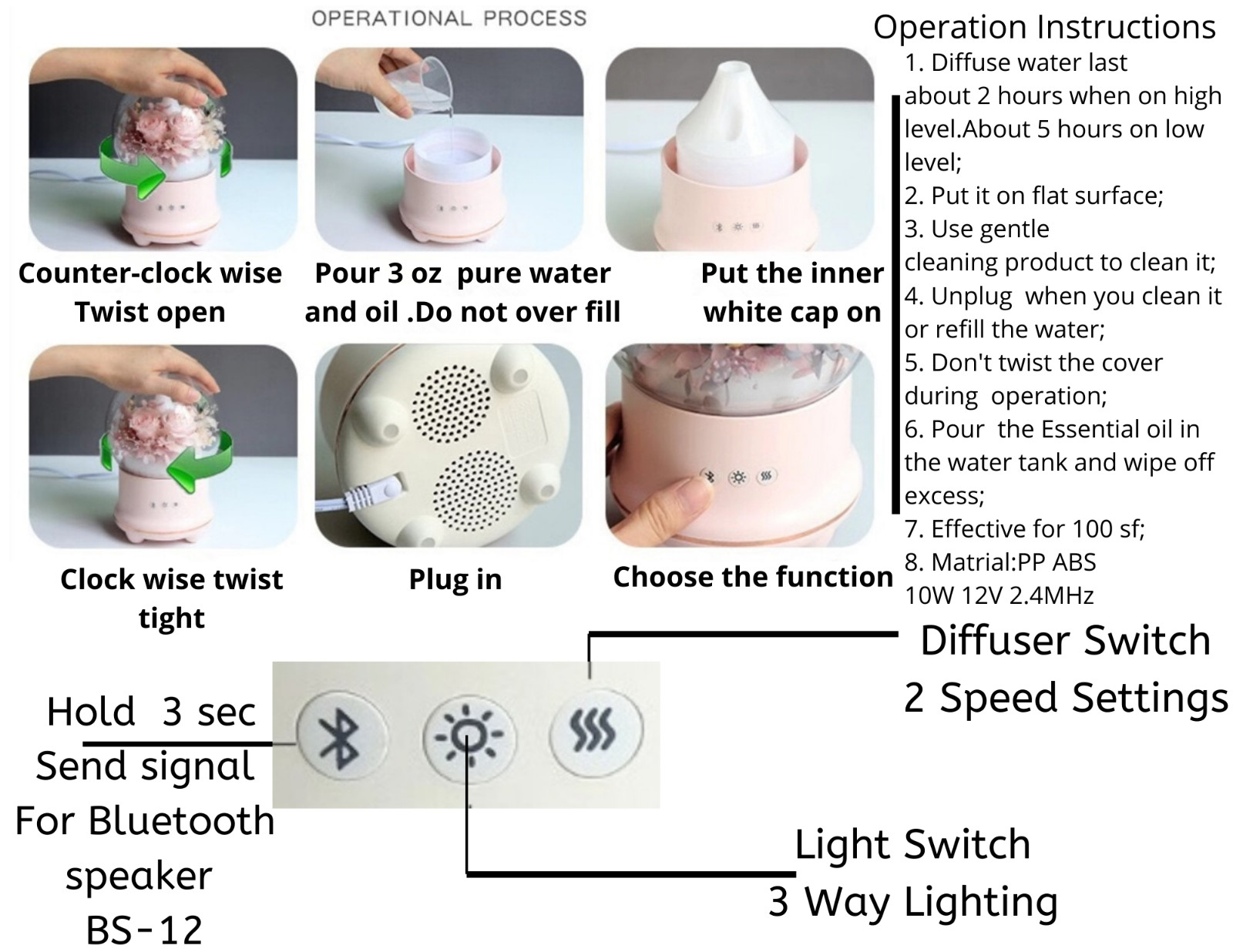 Essential Oil Diffuser Speaker Bluetooth WHITE Humidifier w/ LED Night Light