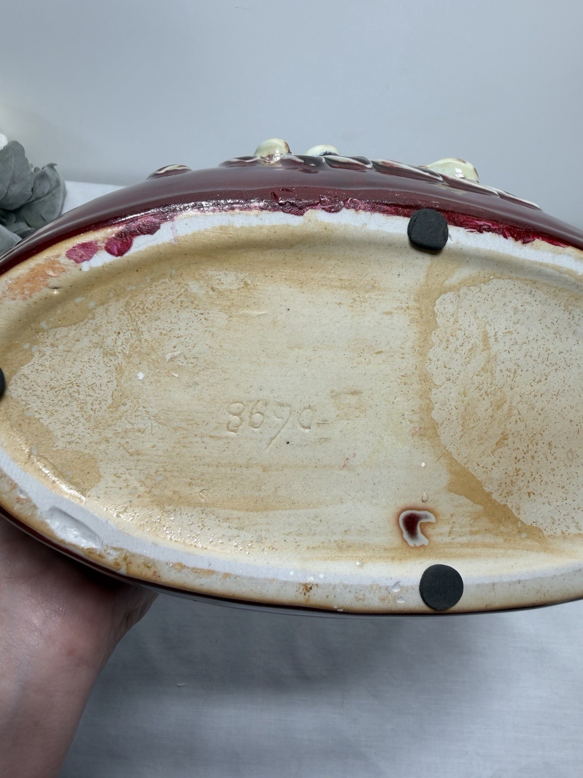 Set Of 2 Flower Pots Redwing Possibly Holly And Pine Motif Burgundy Oval, Square