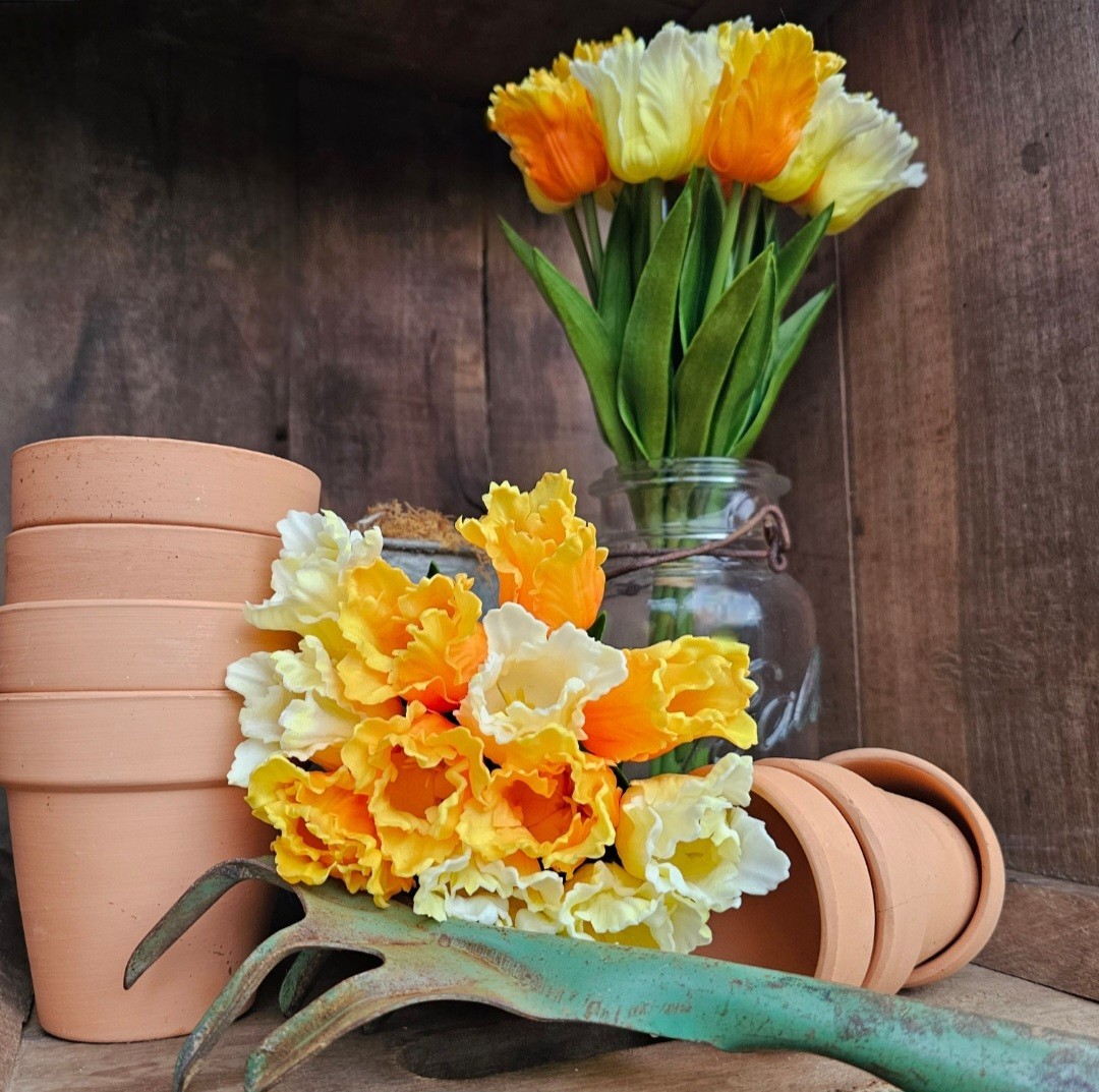 Real Touch orange yellow Artificial Tulips 12 Flower Stems LOOK REAL Spring