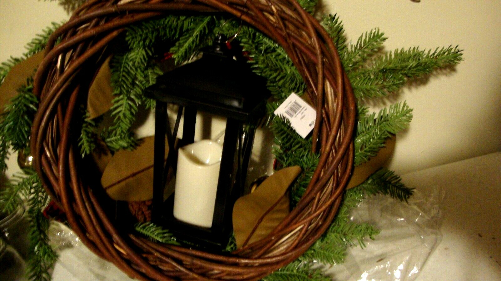25 inch Winter Pine Wreath with bow and led Lantern – SALE