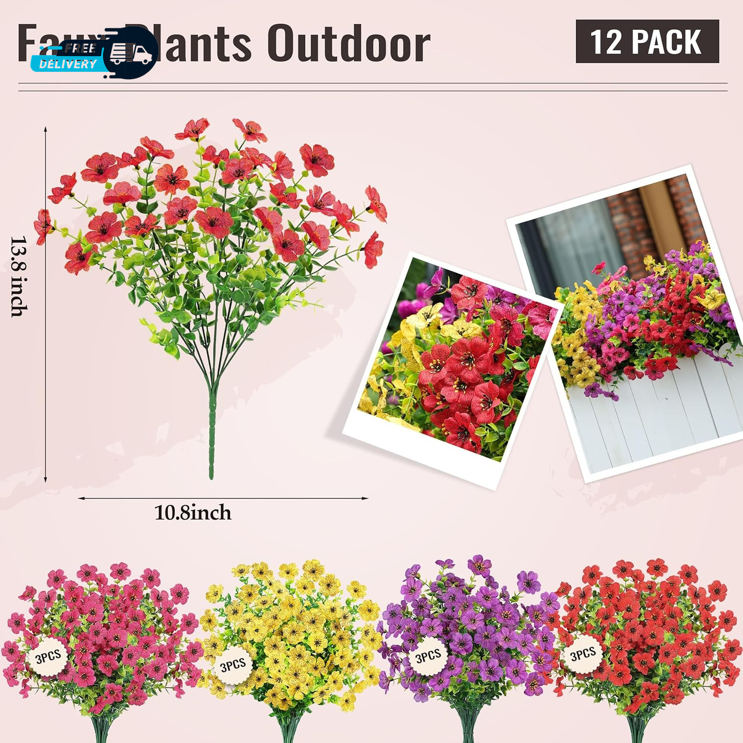 12 Bundles Artificial Flowers for Outdoors Fake Flowers Plants Spring Summer.