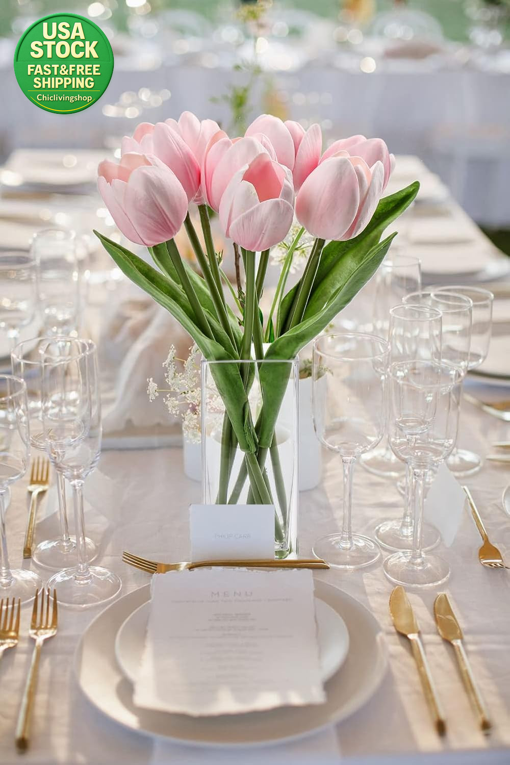 Artificial Tulip Flowers Pink Real Touch Foam Arrangement in Clear Vase 13.5In