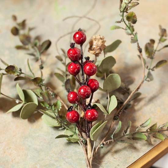 4 Decorative Felt Leaf Eucalyptus and Bright Red Berry Floral Sprays
