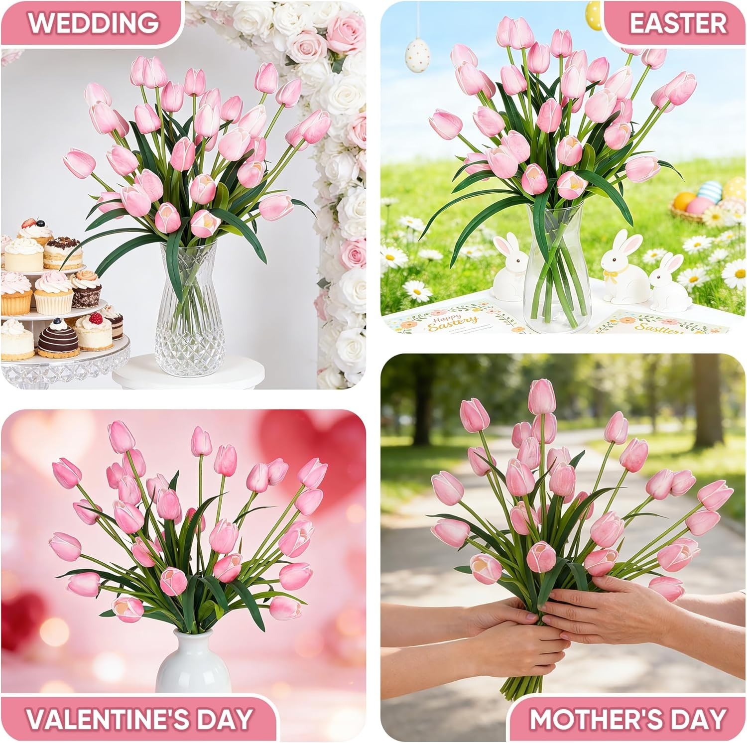 Artificial Tulip Flowers-Homsunny 18.9″ Large Pink – 30-Pack Faux Tulips-Decor