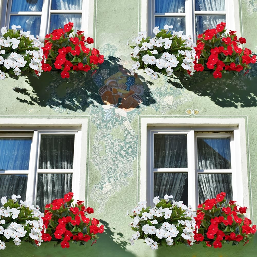 Artificial Plants Outdoor,4PCS 7Branches Fake Impatiens Artificial Flowers fo…