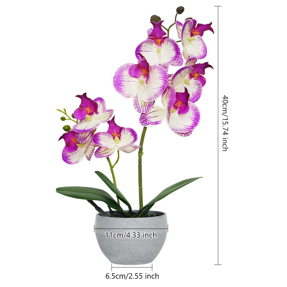 Purple Orchid Artificial Flowers 2 Stems in Grey Pot, Potted Faux Orchid Flow…