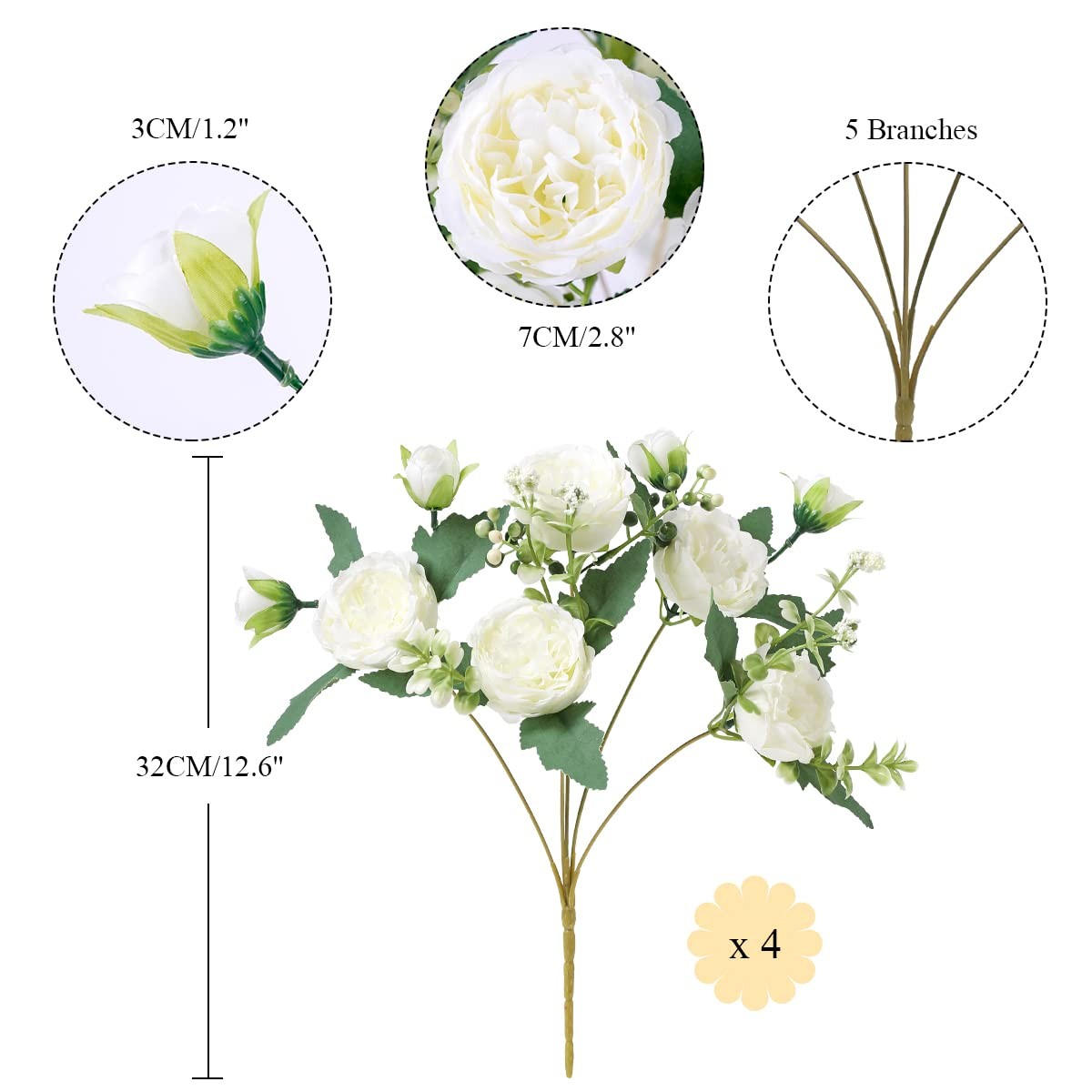 4 Bunches Peony Artificial Flowers White Flowers Silk Peonies Bouquets for We…