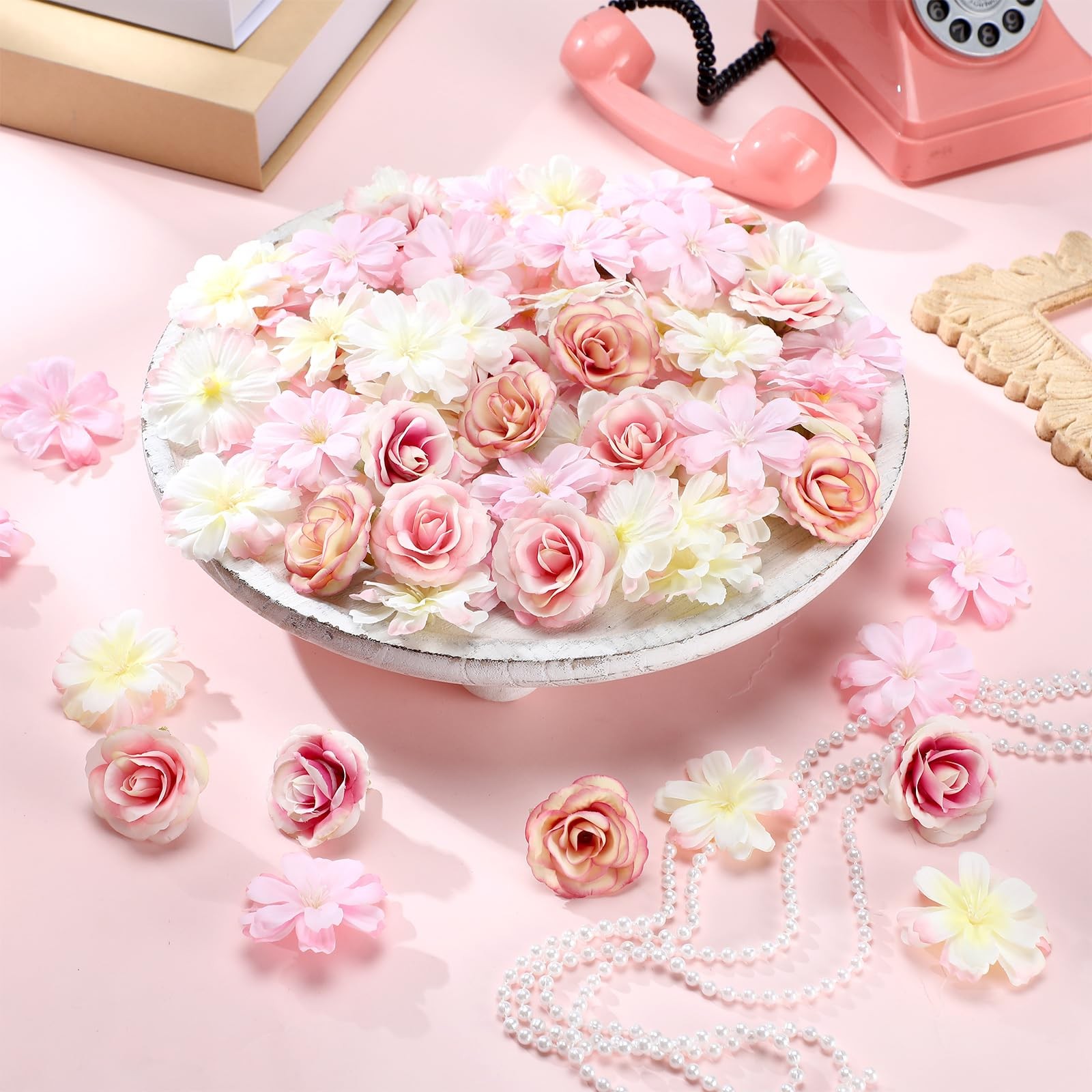 80 Pcs Mini Silk Flower Heads Small Fake Peony Daisy Rose Plum Blossom Bulk A…