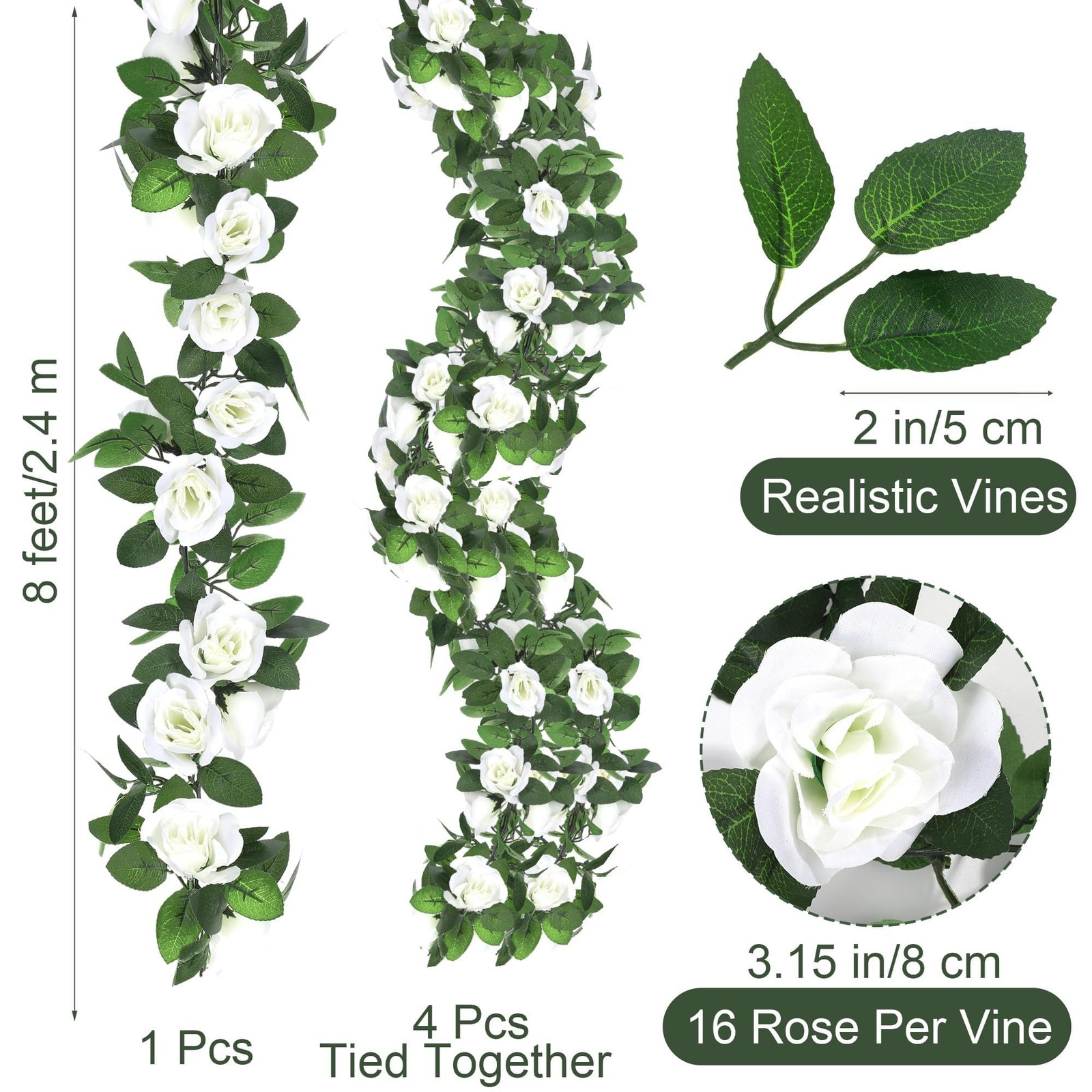 4 Pack 32 FT White Flower Artificial Rose Vines Roses Fake Vine Flowers Plant…