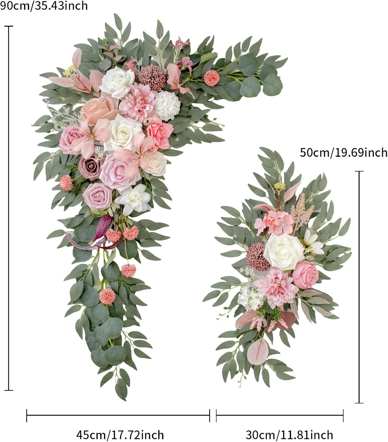 Elegant Wedding Arch with Pink Chiffon, Roses & Eucalyptus Decor