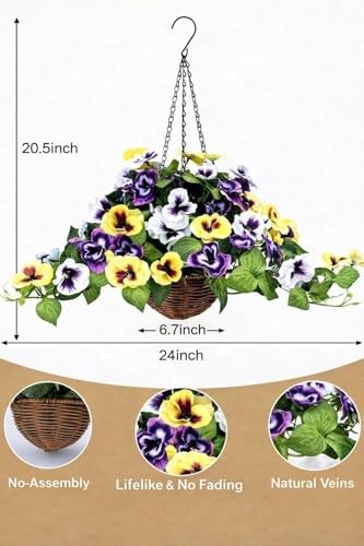 Fully Assembled Artificial Pansy Hanging Basket – Waterproof & UV Resistant