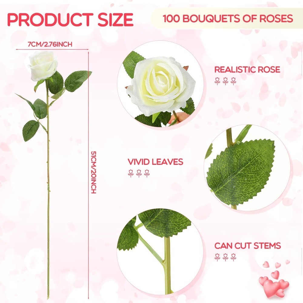 100 Long Stem Artificial Silk Roses Bouquet Bulk White Realistic Fake Flowers