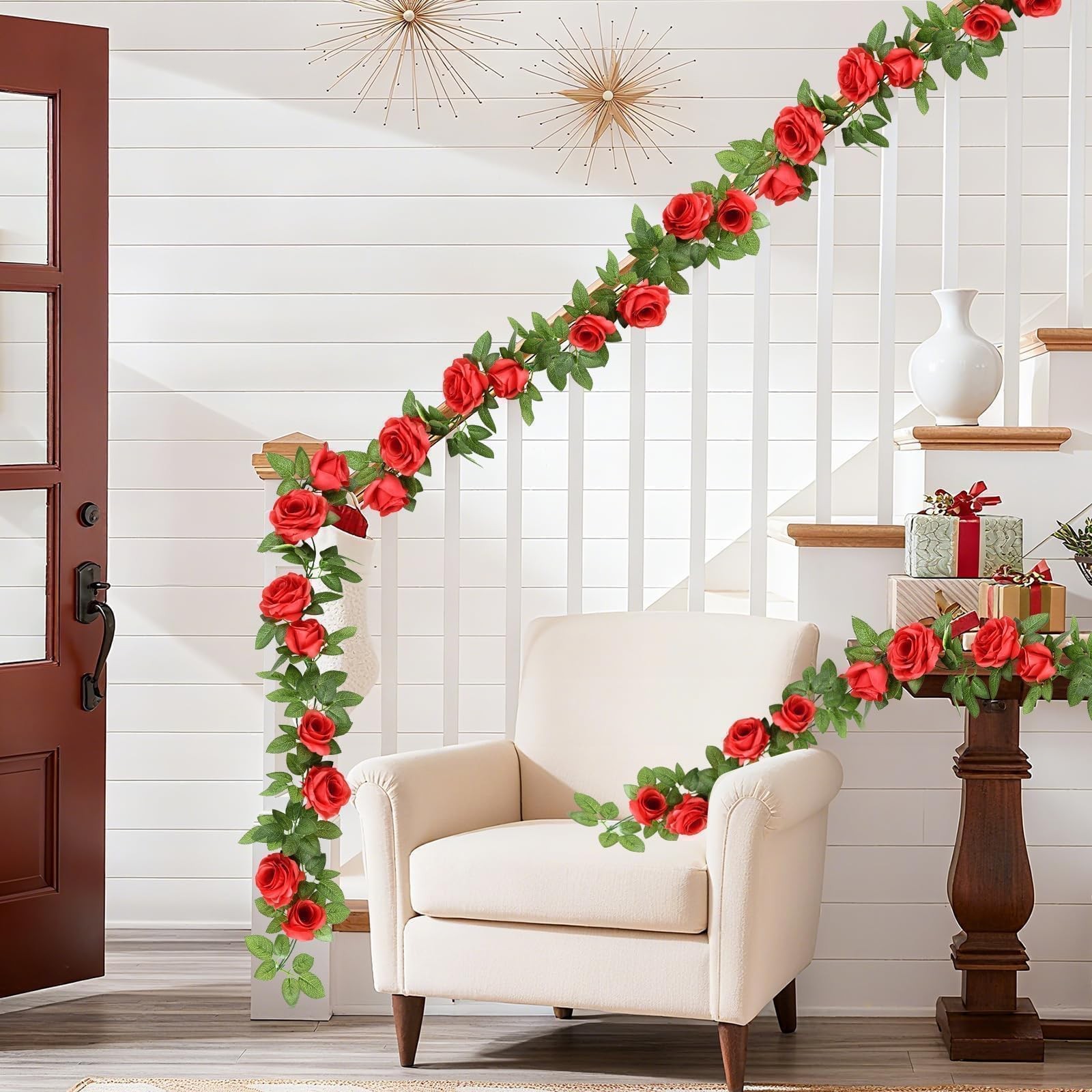 2Pcs 14.5FT Artificial Flower Garland with 10 Roses, Fake Silk Rose Hanging F…