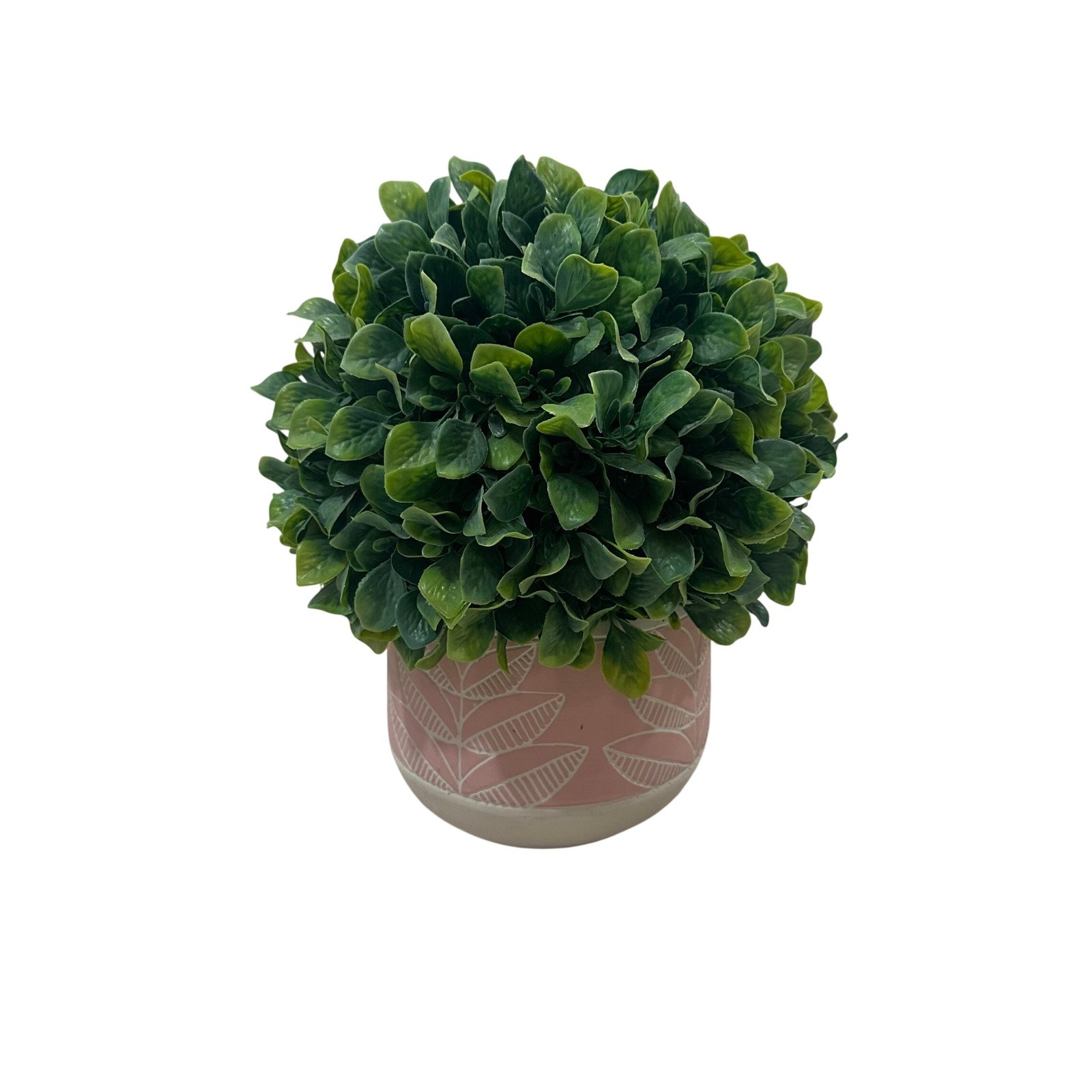 Artificial Boxwood Topiary Ball in Pink Etched Leaf Ceramic Pot 10in Green Faux