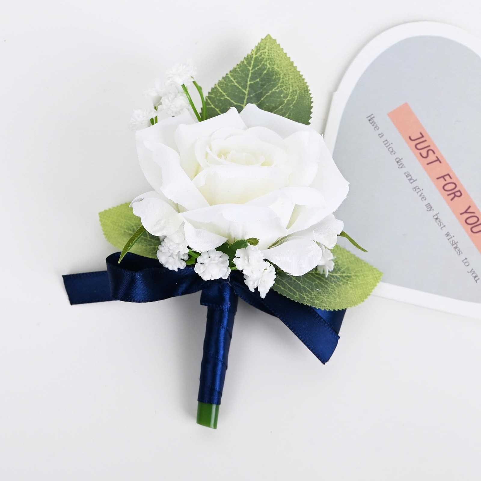 2 PCS Boutonniere Corsage Set Artificial Rose Groom Prom White Navy Blue