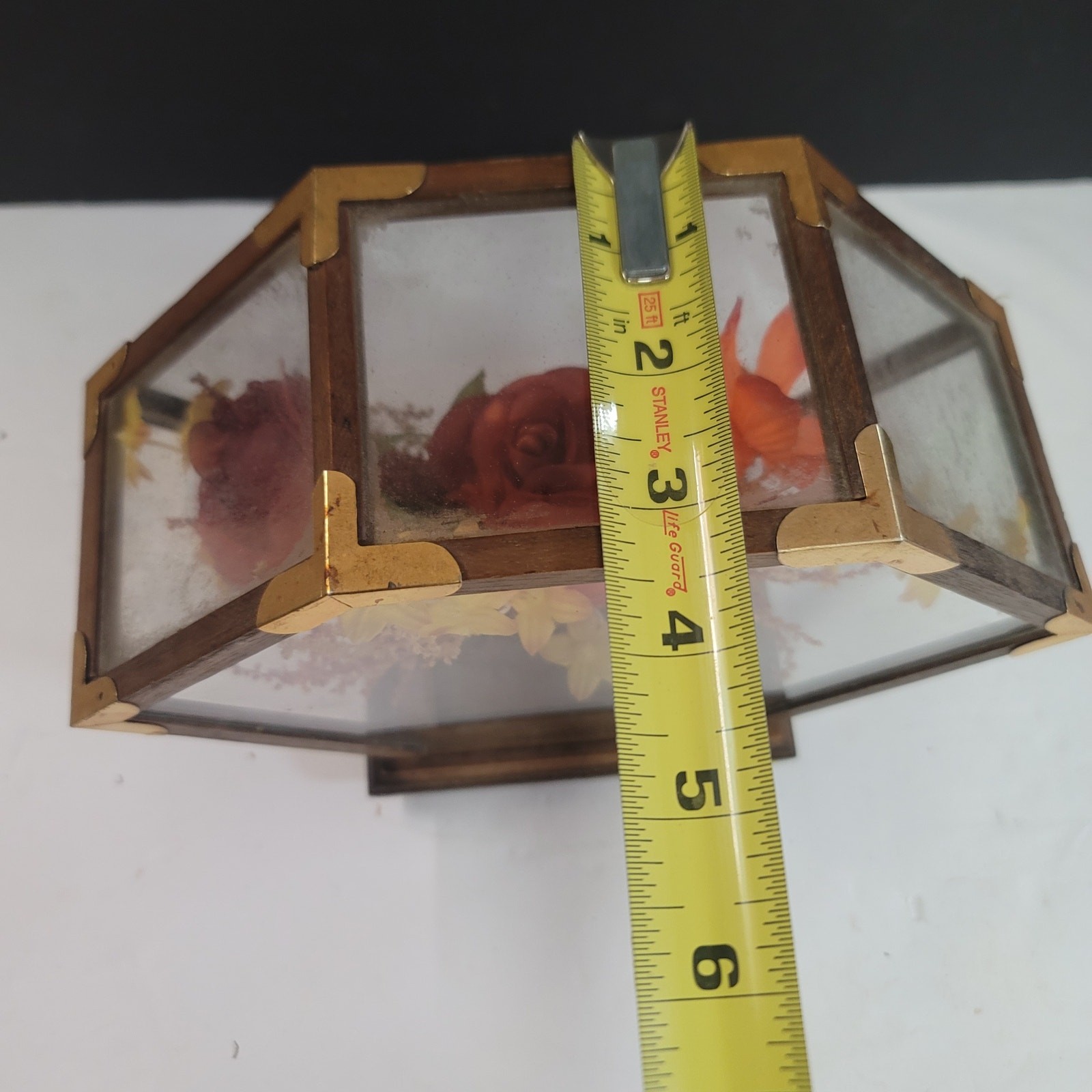 Vintage glass brass wood encased flowers decor Autumnal Colors