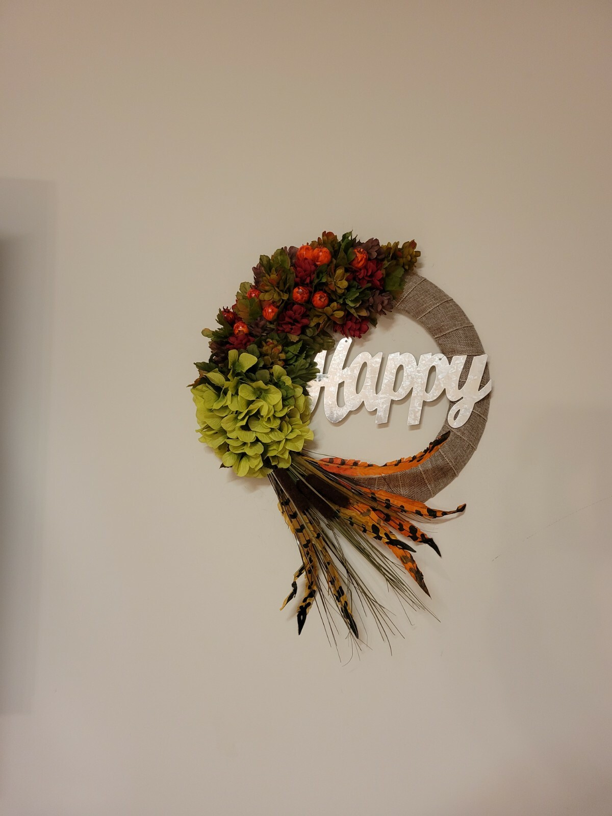 HAPPY Hydrangeas Cat tail burlap WREATH FALL Feather Decor Front Door 15″ fire