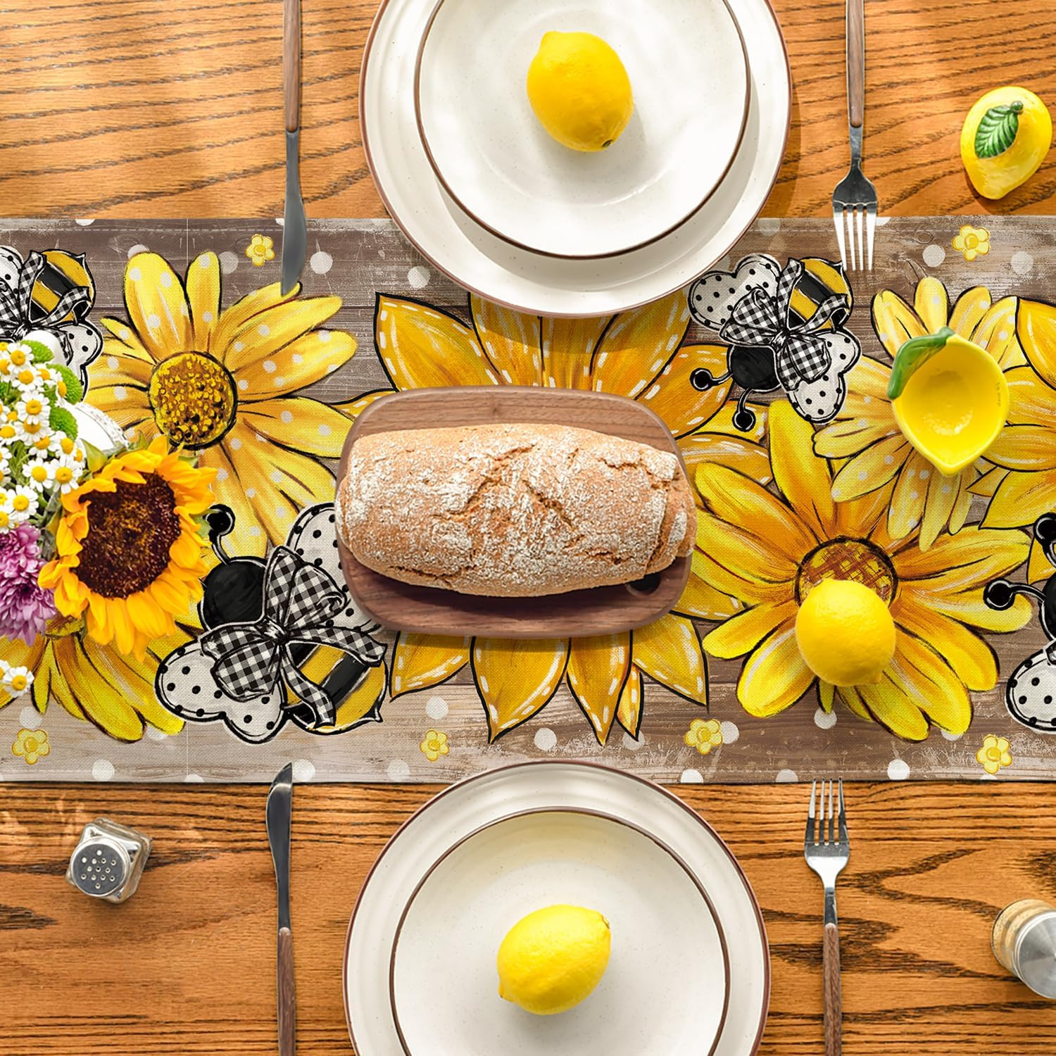 Wood Sunflower Bee Flower Polka Dot Summer Table Runner, Seasonal Kitchen Dining