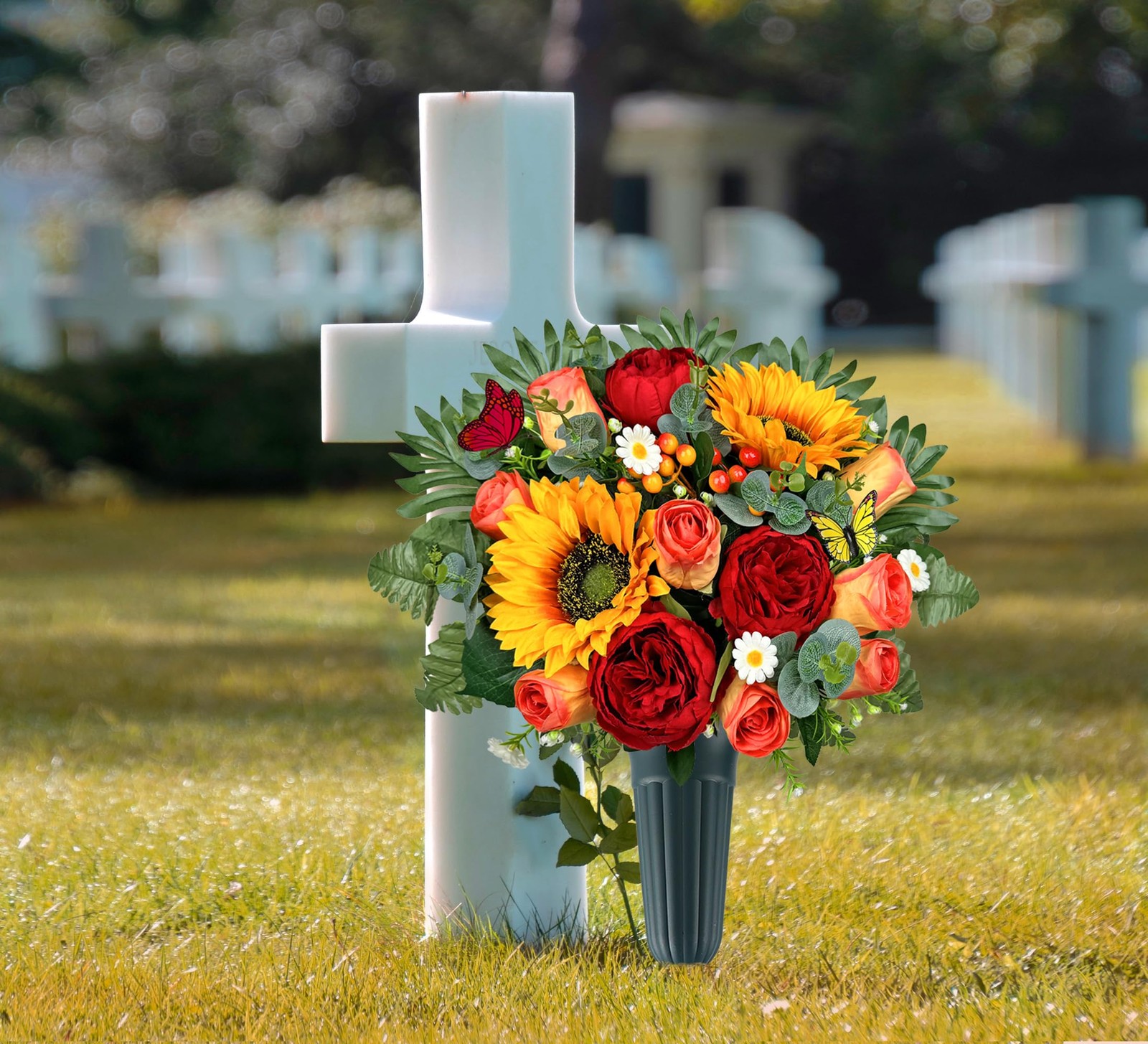 Artificial Cemetery Flowers for Outdoor Grave Decorations，Memorial Flower- Re…