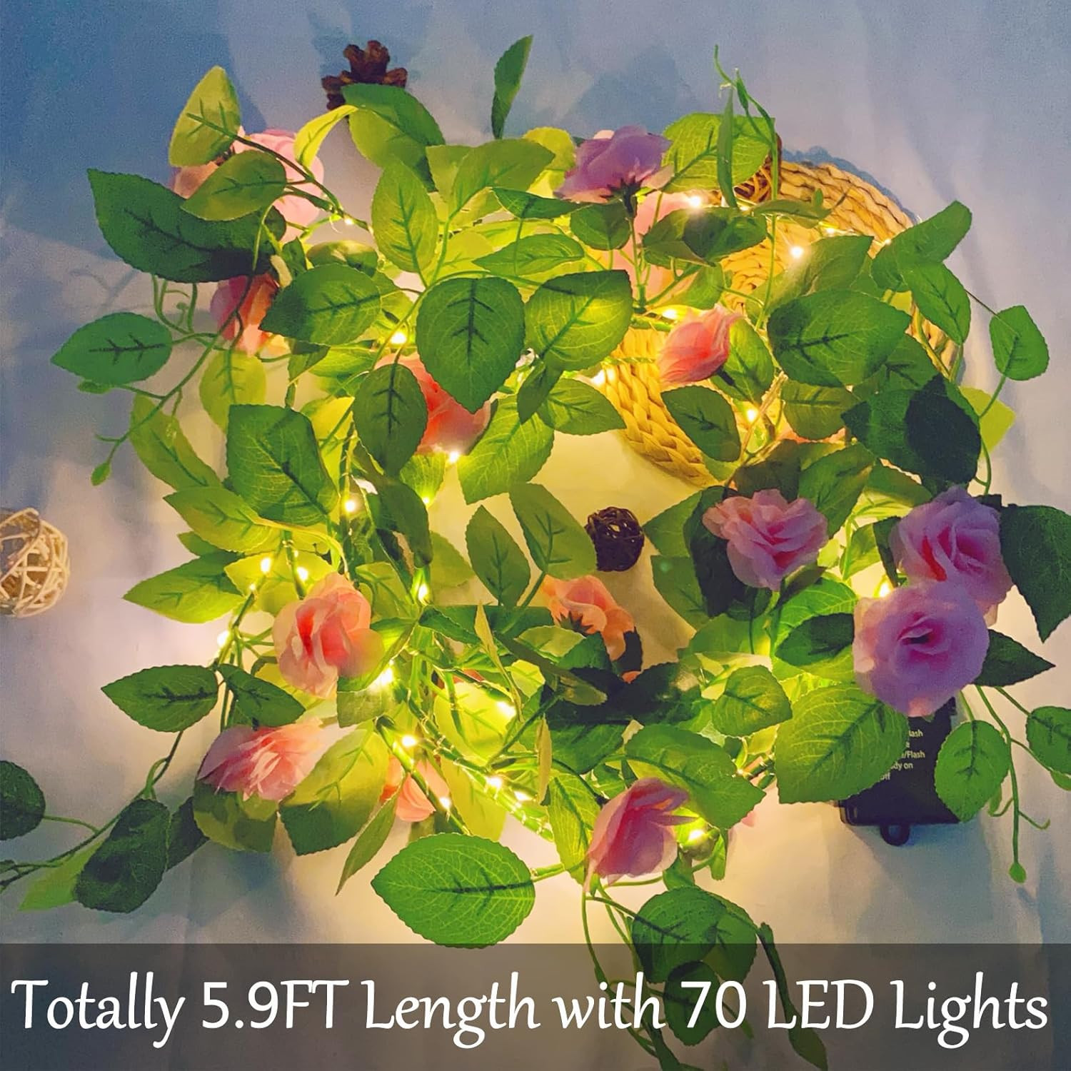 70 LED Artificial Rose Flower Garland with Lights Battery Operated with Timer &