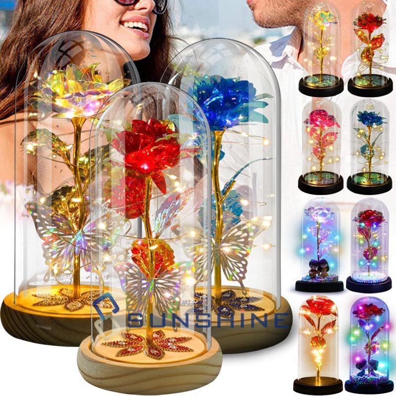 24K Gold Plated Dipped Rose Flower in Glass Dome Romantic Gift Love for Mom Girl