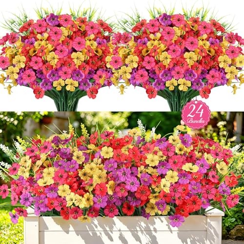 24PCS Fake Flowers Outdoor, UV Resistant Artificial Silk Flowers | Realistic
