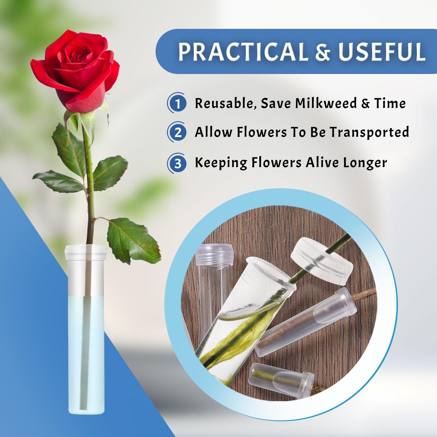 100 PCS 2.83 Inch Floral Water Tubes Plastic Vials Small Holder Clear Decor