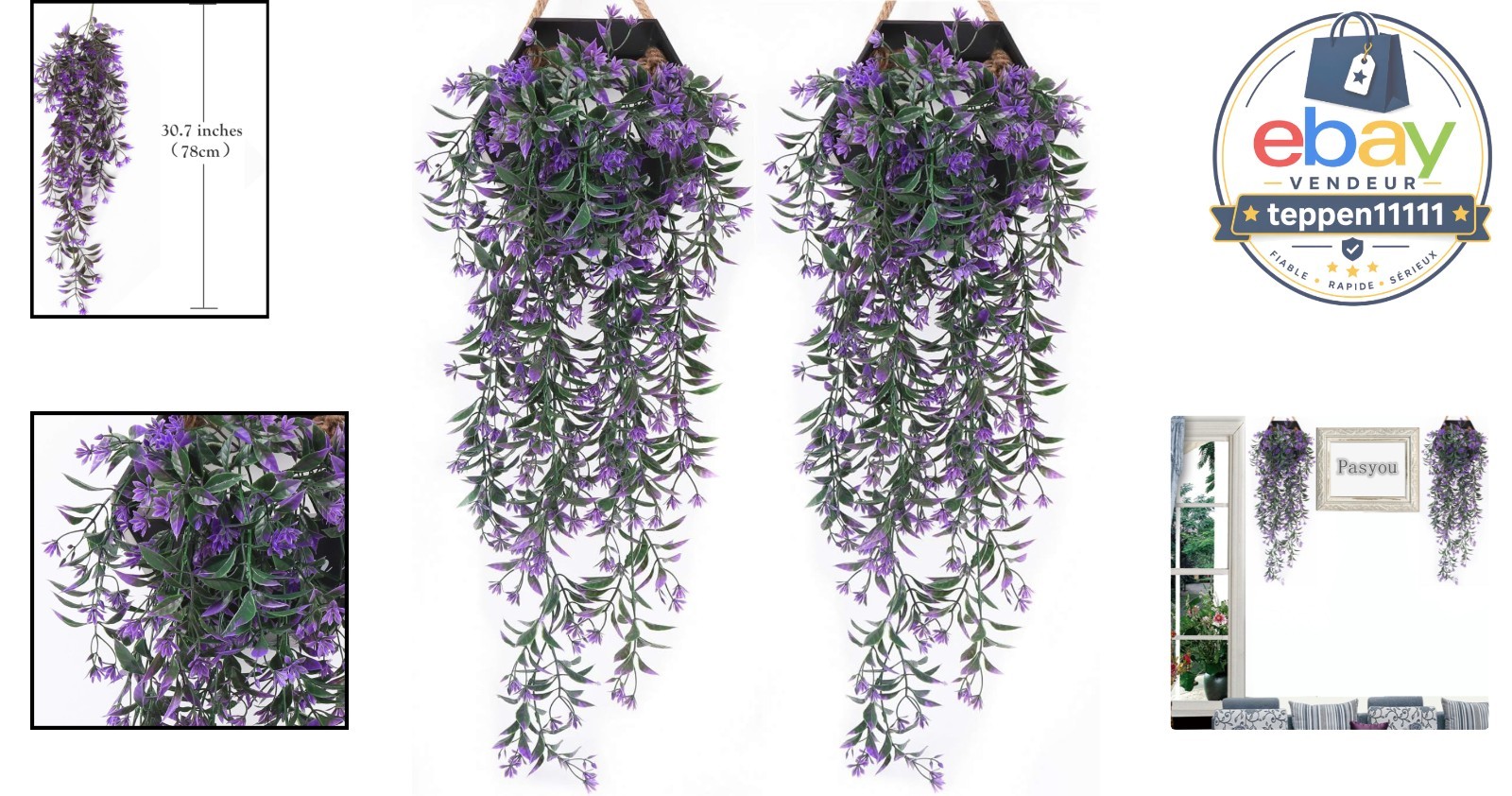 Artificial Ivy Vine Plastic Plants 4 Pack – Purple Foliage Leaves